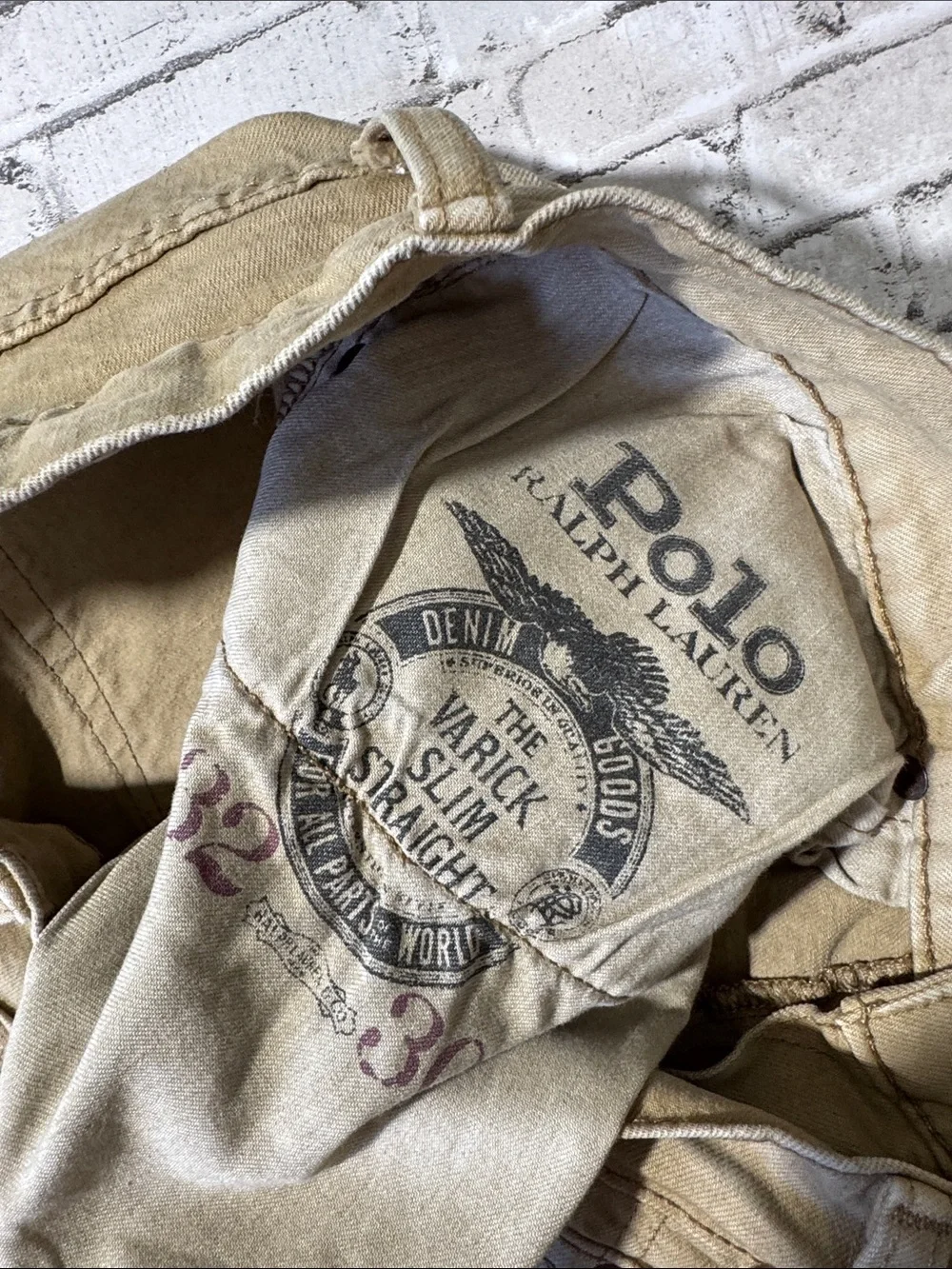 Polo Ralph Lauren mens 32x30 tan faded Varick slim straight denim jeans EUC